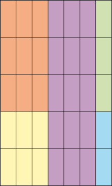 Ilustração. Figura composta por nove retângulos laranja, seis amarelos, quinze roxos, três verdes e dois azuis.