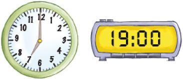 Ilustração. Relógio com o ponteiro pequeno no número 7 e o ponteiro grande sobre o número 12. Ao lado, relógio digital indicando 19:00. 