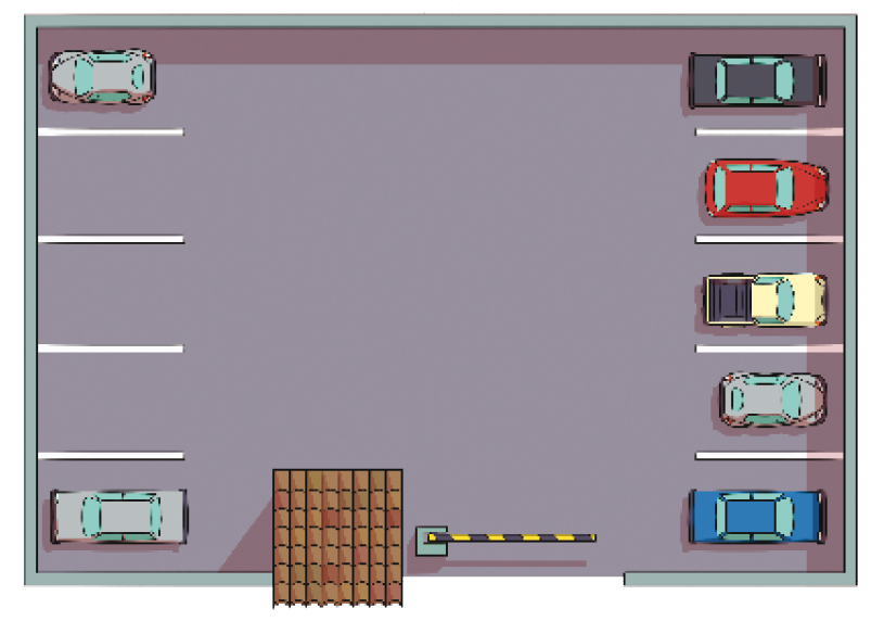 Ilustração. Vista de cima de um estacionamento. À esquerda há cinco vagas e dois carros cinza nas pontas. À direita há cinco vagas ocupadas com um carro preto, vermelho, amarelo, cinza e azul de cima para baixo.