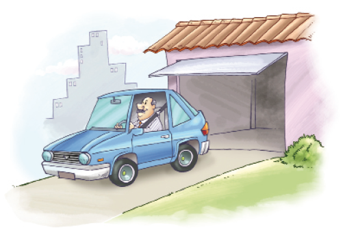 Ilustração. Um homem está dentro de um carro azul. Atrás dele há um portão aberto. 