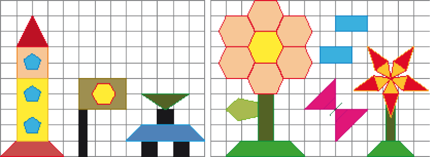 Ilustração. Malha quadriculada. À esquerda, um foguete composto por um triângulo, um quadrado, um retângulo, três pentágonos e um trapézio. Em seguida, uma bandeira composta por dois retângulos e um hexágono. Ao lado, uma casa composta por um triângulo, três quadrados e um trapézio. Ao lado, malha quadriculada. À esquerda, uma flor composta por sete hexágonos, um retângulo, um pentágono e um trapézio. Em seguida, uma borboleta composta por dois triângulos. Ao lado, uma flor composta por dez triângulos, um retângulo e um trapézio. Acima, duas nuvens compostas por dois retângulos.