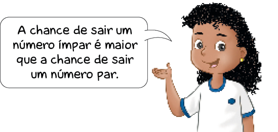 Ilustração. Júlia, menina com cabelo encaracolado e comprido e camiseta branca está com a mão direita virada para cima. Ela sorri e fala: A chance de sair um número ímpar é maior que a chance de sair um número par.