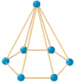 Ilustração. Pirâmide com base hexagonal composta por doze palitos e sete bolinhas de massinha de modelar vermelha. 
