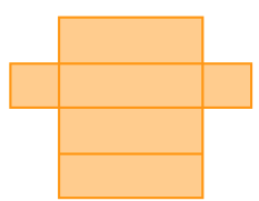 Planificação. Ilustração B. Quatro retângulos empilhados e nas laterais do segundo há um quadrado. 