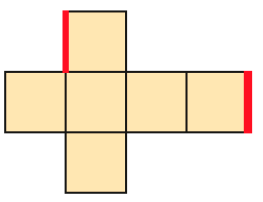 Planificação. Ilustração. Quatro quadrados enfileirados. Acima e abaixo do segundo há um quadrado. Destaque para a linha lateral esquerda do quadrado acima do segundo quadrado. Destaque para a linha lateral direita do quarto quadrado enfileirado. 