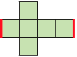 Planificação. Ilustração. Quatro quadrados enfileirados. Acima e abaixo do segundo há um quadrado. Destaque para a linha lateral esquerda do primeiro quadrado enfileirado. Destaque para a linha lateral direita do quarto quadrado enfileirado.