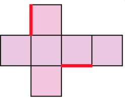 Planificação. Ilustração. Quatro quadrados enfileirados. Acima e abaixo do segundo há um quadrado. Destaque para a linha lateral esquerda do quadrado acima do segundo quadrado. Destaque para a linha inferior do terceiro quadrado enfileirado.