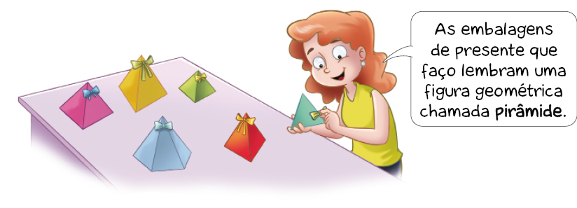 Ilustração. Kátia, mulher ruiva com regata verde está segurando uma embalagem com formato de pirâmide e um laço. Ela sorri e fala: As embalagens de presente que faço lembram uma figura geométrica chamada pirâmide. Na frente dela há cinco embalagens com formato de pirâmide e com laços na ponta sobre uma mesa.