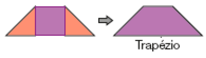Ilustração. À esquerda, um quadrado com dois triângulos deitados ao lado. Em seguida, uma seta apontando para um trapézio.