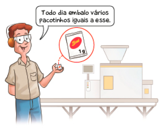 Ilustração. Ademar, homem com cabelo castanho, óculos e fones de proteção está segurando um pacote pequeno de sal. Ele fala: Todo dia embalo vários pacotinhos iguais a esse. Ao lado, destaque para o pacote com a informação: Sal 1 g. Ao fundo, uma máquina.