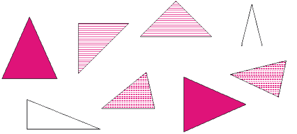 Ilustração. Oito triângulos com tamanhos e formas variados. Resposta: Os triângulos congruentes estão pintados de rosa.