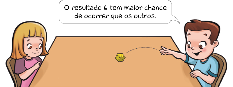 Ilustração. Lucas, menino com cabelo castanho e camiseta azul está sentado e jogando um dado sobre uma mesa. Ele fala: O resultado 6 tem maior chance de ocorrer que os outros. Na frente dele, Sofia, menina loira com camiseta rosa observa e sorri.