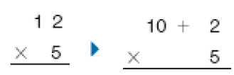 Conta de multiplicação na vertical. Acima, o número 12. Em seguida, sinal de multiplicação e o número 5. Abaixo, traço horizontal. Ao lado há uma seta apontando para outra conta de multiplicação na vertical. Acima, a conta 10 + 2. Em seguida, sinal de multiplicação, e o número 5. Abaixo, traço horizontal.