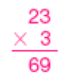 Conta de multiplicação na vertical. Acima, o número 23. Em seguida, sinal de multiplicação, e o número 3. Abaixo, traço horizontal e o resultado: 69. 