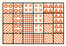 Ilustração. Figura com seis colunas e quatro fileiras. Há quatro quadrados com linhas diagonais para esquerda, quatro quadrados com linhas diagonais para direita, quatro quadrados com círculos, quatro quadrados com X, quatro quadrados com linhas e quatro quadrados com triângulos. 