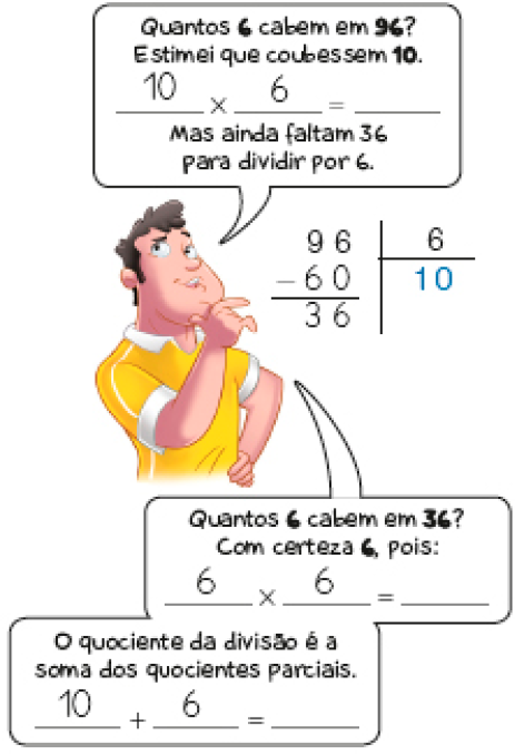 Ilustração. Ricardo, homem com cabelo preto e camiseta amarela. Ele está com a mão esquerda na cintura e a direita sob o queixo. Ele fala: Quantos 6 cabem em 96? Estimei que coubessem 10. 10 x 6 = espaço para resposta. Mas ainda faltam 36 para dividir por 6. Ao lado de Ricardo, divisão na chave. À esquerda da chave, 96. À direita da chave, 6. Abaixo, sinal de subtração e 60. Traço abaixo e resto: 36. Abaixo da chave, quociente: 10.Ricardo continua: Quantos 6 cabem em 36? Com certeza 6, pois: 6 x 6 = espaço para resposta. O quociente da divisão é a soma dos quocientes parciais. 10 + 6 = espaço para resposta. 