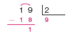 Divisão na chave. À esquerda da chave, 19. À direita da chave, 2. Abaixo, sinal de subtração e 18. Traço abaixo e resto: 1. Abaixo da chave, quociente: 9.