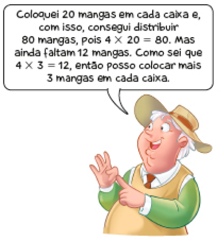 Ilustração. Um senhor com cabelo grisalho, chapéu e colete está olhando para o lado. Ele fala: Coloquei 20 mangas em cada caixa e, com isso, consegui distribuir 80 mangas, pois 4 x 20 = 80. Mas ainda faltam 12 mangas. Como sei que 4 x 3 = 12, então posso colocar mais 3 mangas em cada caixa.