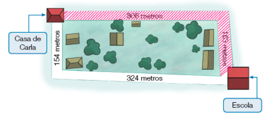 Ilustração. Vista de cima de um quarteirão. No canto superior esquerdo, a casa de Carla. Em volta há quatro ruas, formando um retângulo. A rua na parte superior (à direita da casa de Carla) tem 306 metros. A rua abaixo da casa de Carla tem 154 metros. Abaixo, rua com 324 metros e à direita, rua com 163 metros. No canto inferior direito, a Escola. No centro há casas e árvores. Resposta: As ruas com 306 e 163 metros estão pintadas de rosa.
