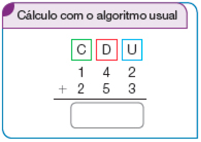 Conta de adição na vertical. Cálculo com o algoritmo usual. Acima, à esquerda, centenas (C), no centro, as dezenas (D) e à direita, as unidades (U). Abaixo, o número 142. Em seguida, sinal de adição, e o número 253. Abaixo, traço horizontal e o resultado espaço para resposta.