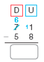 Conta de subtração na vertical. Acima, à esquerda, as dezenas (D) e à direita, as unidades (U). Abaixo, o número 71 (o número 7 está riscado com o número 6 em cima e ao lado do número 1 há o número 1 pequeno). Em seguida, sinal de subtração, e o número 58. Abaixo, traço horizontal e o resultado: espaço para resposta.