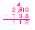 Resposta: Conta de subtração na vertical. Acima, o número 250 (o número 5 está riscado e acima há um número 4 pequeno, e ao lado do número 0 há o número 1 pequeno). Em seguida, sinal de subtração, e o número 138. Abaixo, traço horizontal e o resultado: 112.