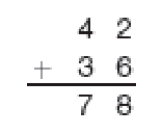Conta de adição na vertical. Acima, o número 42. Em seguida, sinal de adição e o número 36. Abaixo, traço horizontal e o resultado: 78. 