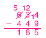 Resposta: Conta de subtração na vertical. Acima, o número 634 (o número 6 está riscado e acima há um número 5 pequeno, em seguida, o número 3 também está riscado e acima há o número 12, e ao lado do número 4 há o número 1 pequeno). Em seguida, sinal de subtração, e o número 449. Abaixo, traço horizontal e o resultado: 185.