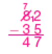 Resposta: Conta de subtração na vertical. Acima, o número 82 (o número 8 está riscado e acima há um número 7 pequeno, e ao lado do número 2 há o número 1 pequeno). Em seguida, sinal de subtração, e o número 35. Abaixo, traço horizontal e o resultado: 47.   