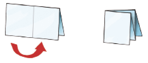 Imagem: Ilustração. o papel está dobrado e abaixo há uma seta indicando para dobrar novamente. Ao lado, o papel está dobrado. Fim da imagem.
