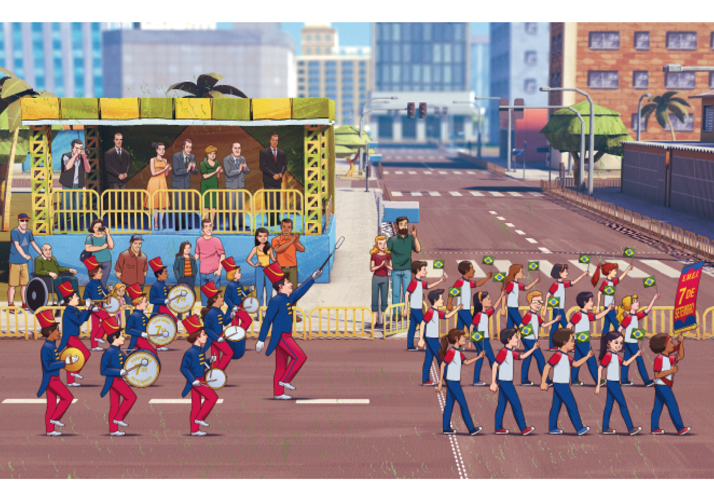 Imagem: Ilustração. À direita, alunos com uniforme estão divididos em três fileiras em uma rua e segurando bandeiras do Brasil. A menina que está na frente segura uma faixa com a informação: E.M.E.I. 7 DE SETEMBRO. À esquerda, alunos com chapéu, casaco azul, calça vermelha e sapatos brancos estão enfileirados e tocando instrumentos musicais. Atrás deles, pessoas observam na calçada e em seguida há homens com ternos e mulheres com vestidos em um palanque. Ao fundo, postes, árvores, casas e prédios. Fim da imagem.