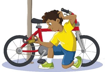 Imagem: Ilustração. Vinícius, jovem com cabelo encaracolado está ajoelhado com a mão direita em um cadeado e a mão esquerda sobre a cabeça. Na frente dele, o cadeado está em volta de um poste e uma bicicleta.  Fim da imagem.