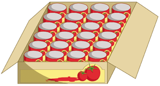 Imagem: Ilustração. Uma caixa aberta e dentro há latas divididas em quatro colunas e seis linhas. Fim da imagem.