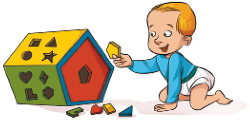 Imagem: Ilustração. Um bebê loiro está segurando uma peça com formato de pentágono. Na frente dele há uma caixa com buracos de figuras geométricas e peças ao lado. Fim da imagem.