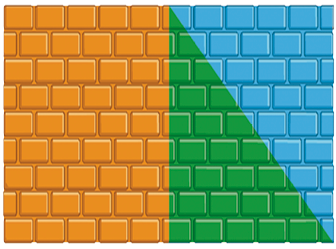 Imagem: Ilustração. Um muro. A metade esquerda está pintada de laranja. A metade direita, parte triangular de verde a outra parte triangular de azul. Fim da imagem.