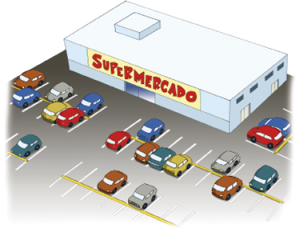 Imagem: Ilustração. Vista área de um supermercado. Ao lado há vários carros parados em um estacionamento. Fim da imagem.