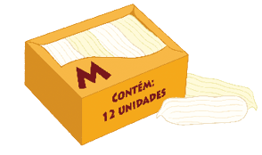 Imagem: Ilustração. Uma caixa com a informação: CONTÉM 12 UNIDADES. Ao lado, duas marias-moles brancas. Fim da imagem.