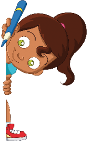 Imagem: Ilustração. Uma menina com cabelo castanho e preso está segurando um lápis atrás de uma tabela.  Fim da imagem.