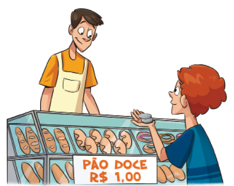 Imagem: Ilustração. Um jovem ruivo com cabelo encaracolado está de costas e segurando duas moedas com a mão estendida. Na frente dele há um balcão com pães e um homem com avental sorri. Ao lado, placa com a informação: PÃO DOCE R$ 1,00.  Fim da imagem.