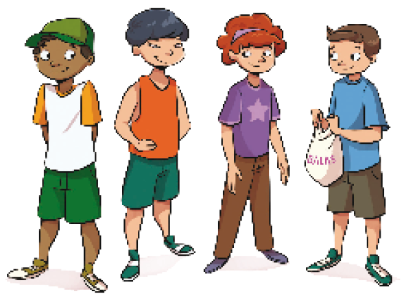 Imagem: Ilustração. À esquerda, três jovens se entreolham e sorriem. À direita, um jovem segura uma sacola com a informação: BALAS.  Fim da imagem.
