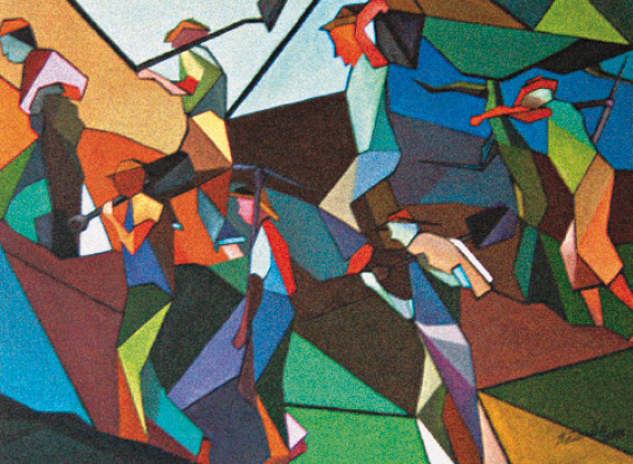 Imagem: Pintura. Figuras geométricas coloridas, formando pessoas segurando instrumentos de trabalho. Fim da imagem.