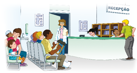 Imagem: Ilustração. À esquerda, pessoas estão sentadas em cadeiras. À direita, um homem está em pé, na frente de um balcão com duas recepcionistas sentadas. Acima deles há uma placa com a informação: RECEPÇÃO. No centro, uma médica está segurando um papel. Fim da imagem.