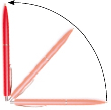 Imagem: Ilustração. Uma caneta na vertical. Ao lado, sombra da caneta na diagonal e em seguida, horizontal (Giro da quarta parte de uma volta).  Fim da imagem.