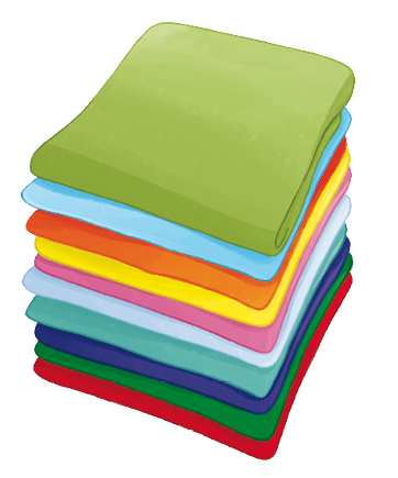 Imagem: Ilustração. Toalhas coloridas dobradas e empilhadas. Fim da imagem.