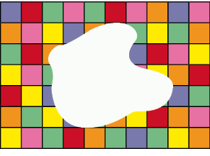 Imagem: Ilustração. Retângulo com dez colunas e sete fileiras de quadradinhos coloridos. No centro há uma mancha branca.  Fim da imagem.