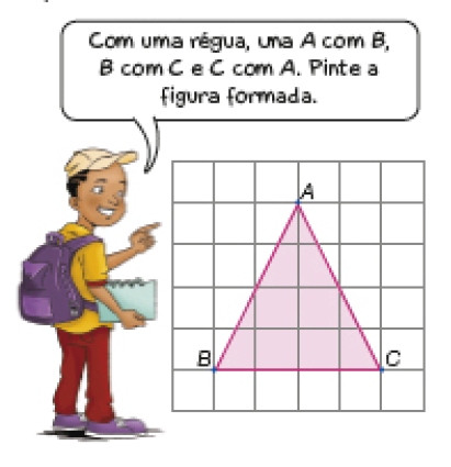 Imagem: Ilustração. Um jovem com boné diz: Com uma régua, una A com B, B com C e C com A. Pinte a figura formada. Ao lado, malha quadriculada. No centro há três pontos (A, B, C) formando um triângulo.  Fim da imagem.