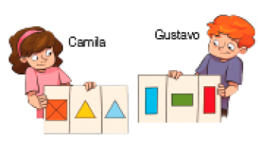 Imagem: Ilustração. À esquerda, Camila, jovem com cabelo castanho sorri e segura um papel com o desenho de um quadrado e dois triângulos. À direita, Gustavo, jovem ruivo sorri e segura um papel com o desenho de dois retângulos em pé e um retângulo deitado.   Fim da imagem.