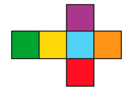 Imagem: Ilustração. Quatro quadrados coloridos lado a lado. Da esquerda para direita: verde, amarelo, azul e laranja. Acima do azul há um quadrado roxo e abaixo, um quadrado vermelho.   Fim da imagem.