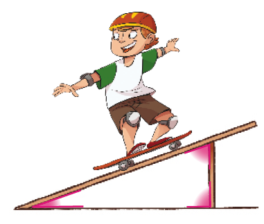 Imagem: Ilustração. Um menino com capacete está andando de skate em uma rampa. Destaque para os três ângulos internos da rampa.  Fim da imagem.