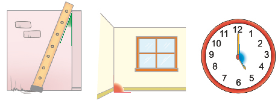 Imagem: Ilustração. À esquerda, uma escada apoiada em um muro. Destaque em verde para o ângulo entre a escada e o muro. No centro, uma janela em uma parede. Destaque em vermelho para o ângulo no canto da parede. À direita, um relógio de ponteiro. Destaque em azul para o ângulo entre os ponteiros.  Fim da imagem.